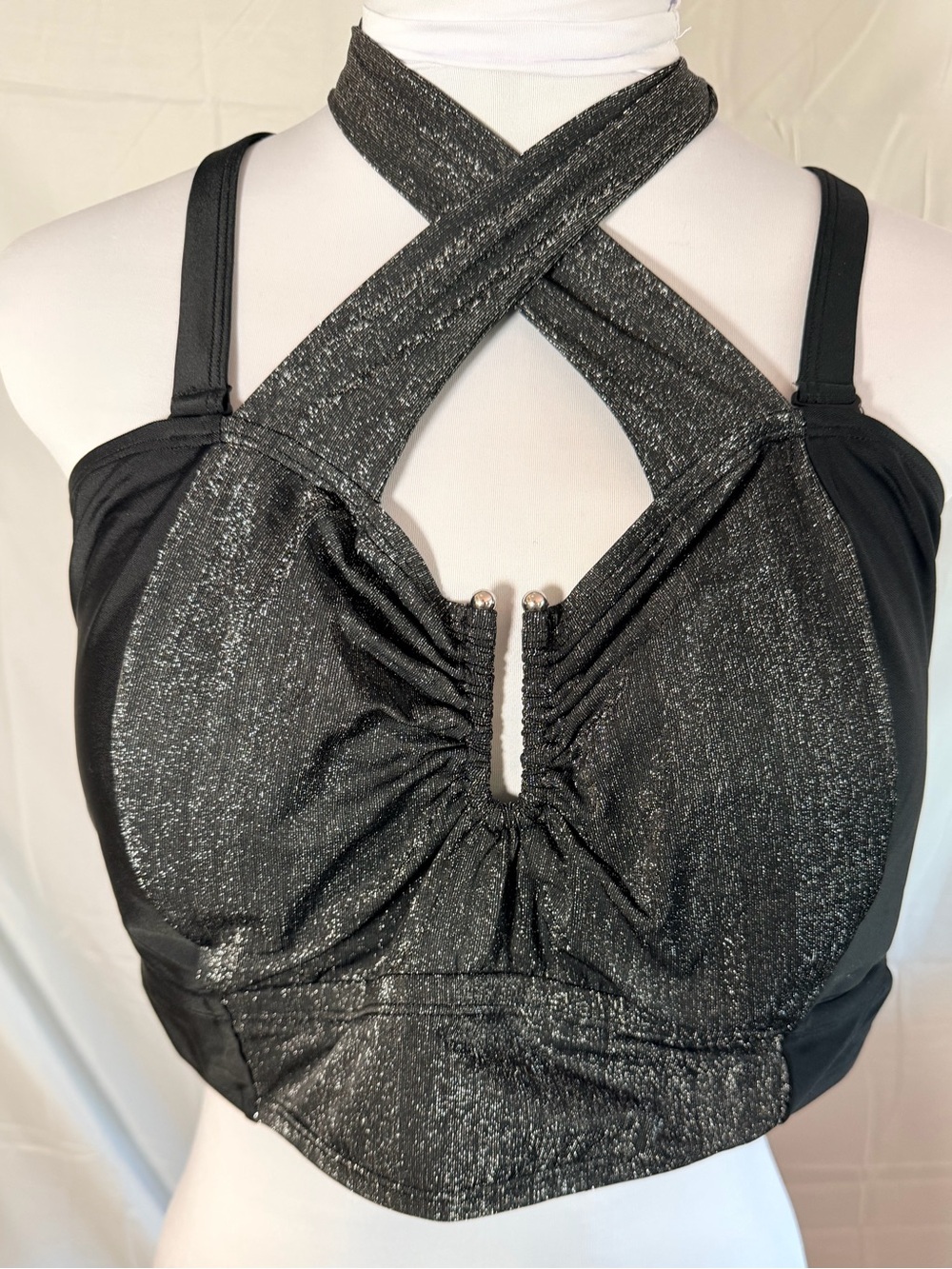 Bikini Top cris cross halter neck tie Black with shimmery front and tie